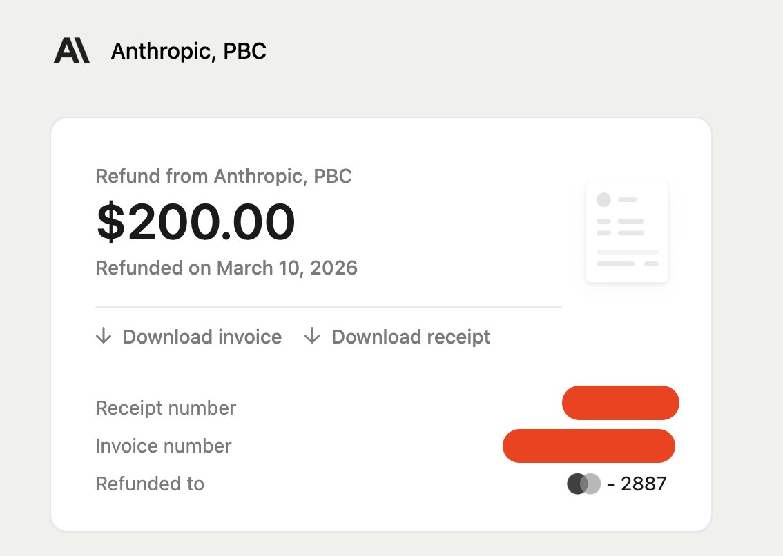Anthropic $200 退款回执