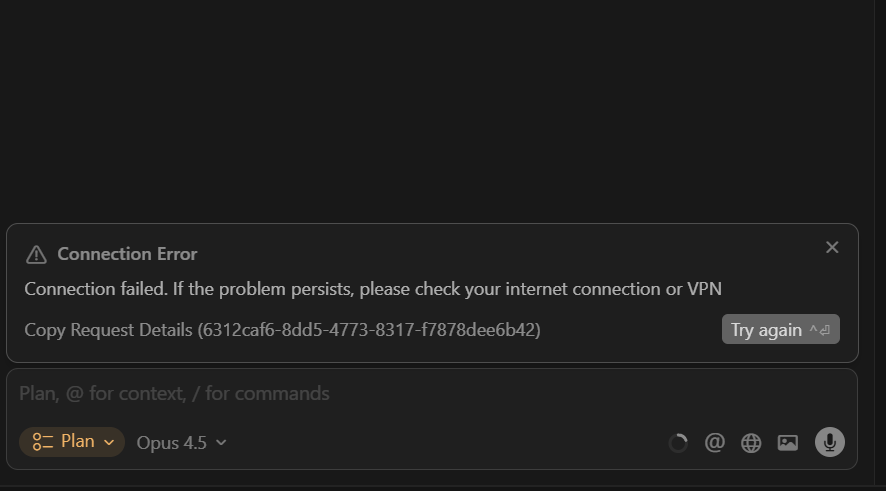Cursor Connection Error 报错截图