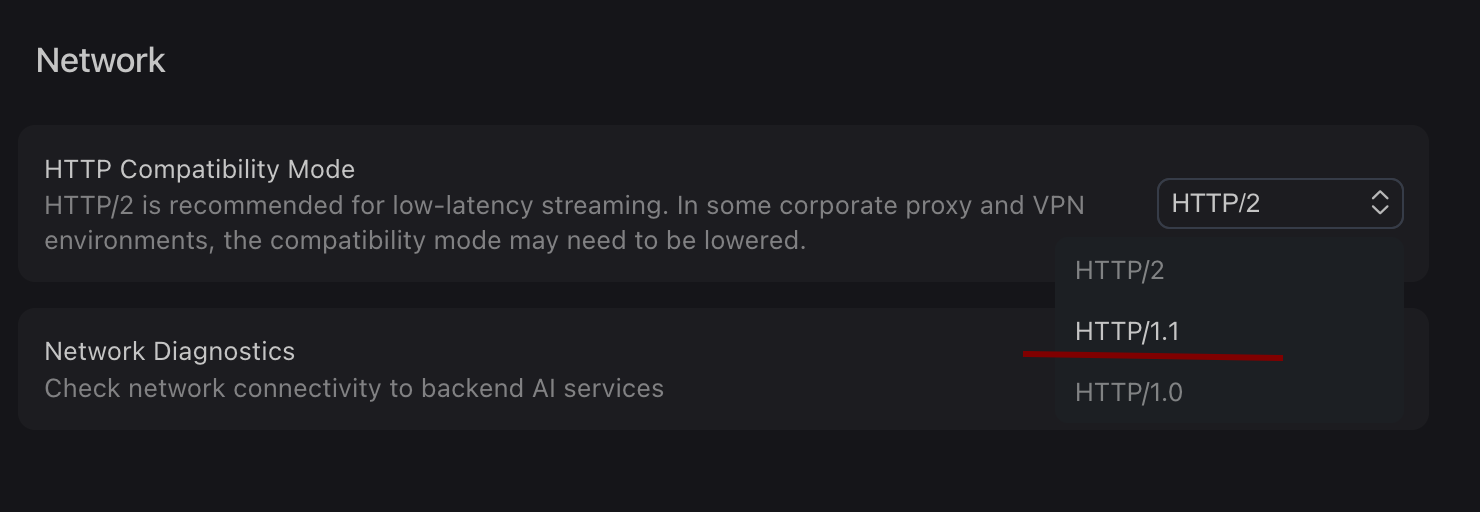 Cursor 网络设置将协议降级为 HTTP/1.1 的示例截图