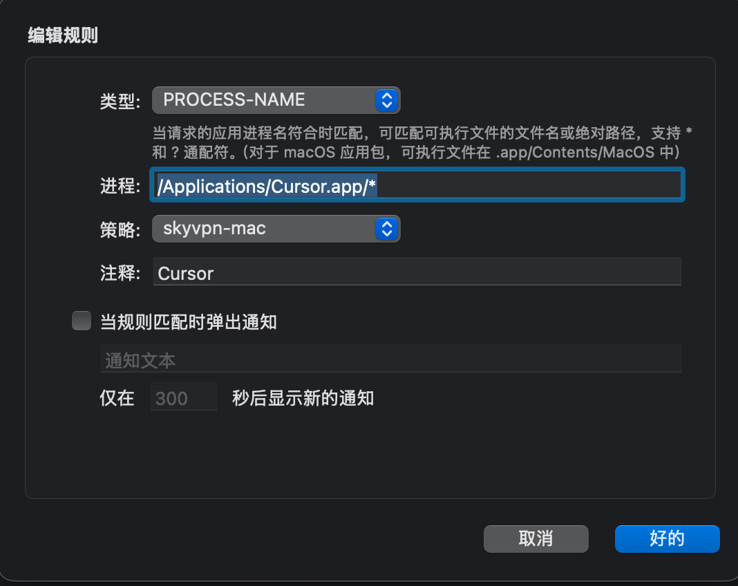 使用 Surge Pro 为 Cursor 进程强制走代理的示例截图