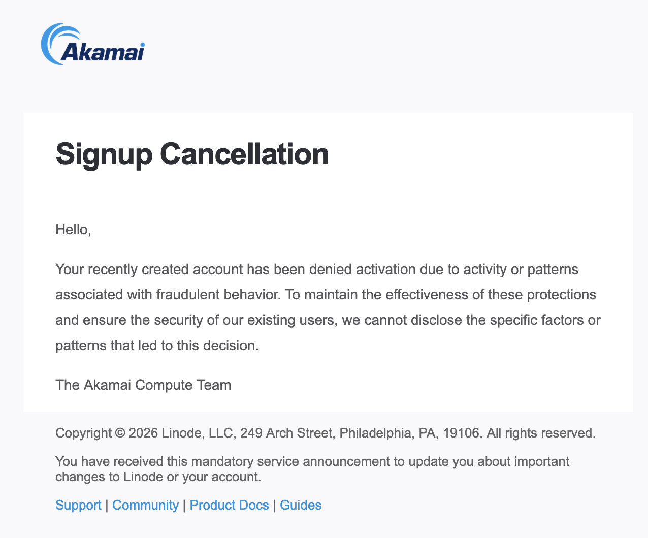 Linode Signup Cancellation 邮件:账户因疑似欺诈被拒绝激活